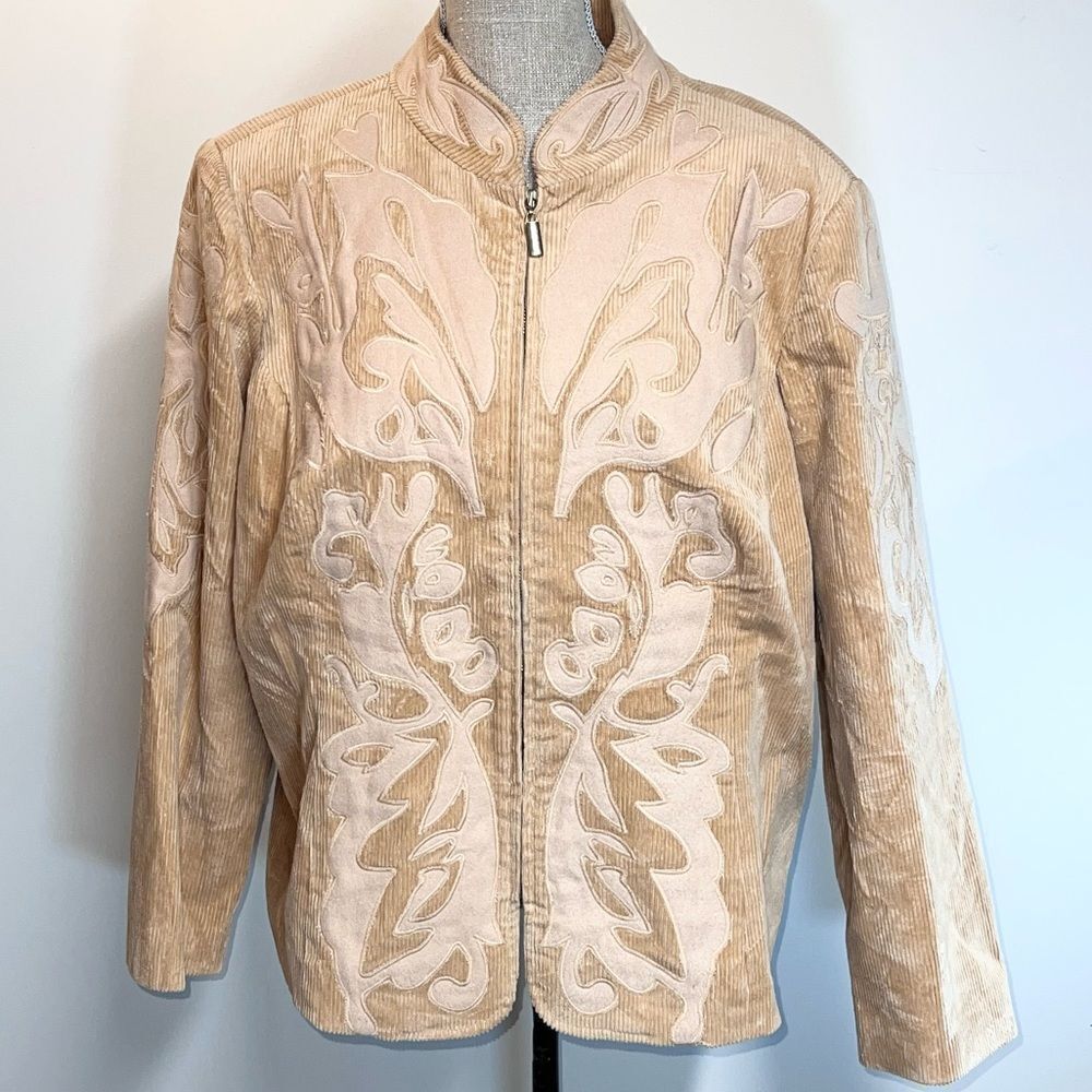 Victor Costa Womens Embroidered Hippy Boho tan Jacket Top corduroy Sz 1X